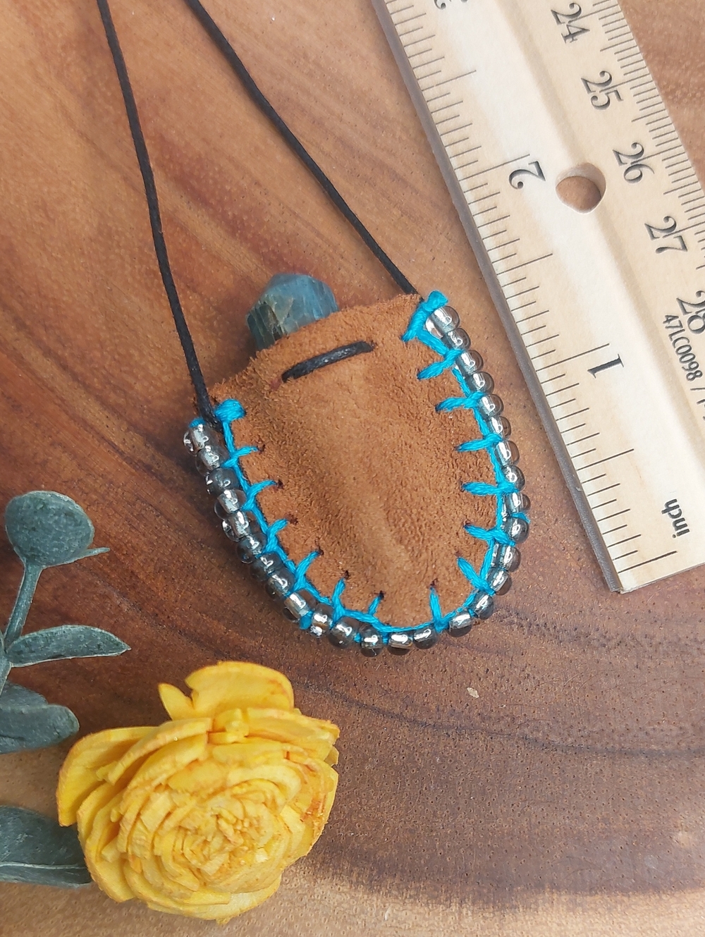 Apatite & Leather Mini Mojo Bag Necklace Hand Crafted By Rust Belt Raised